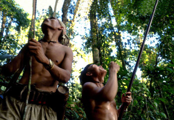 Afbeelding: Penan mannen jagen in het woud.